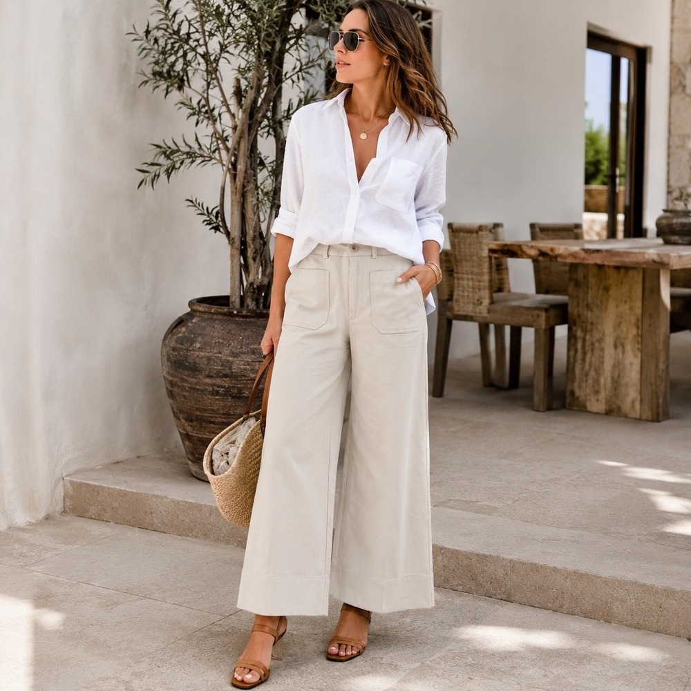 SPANX Wide Leg Pants in Light Beige